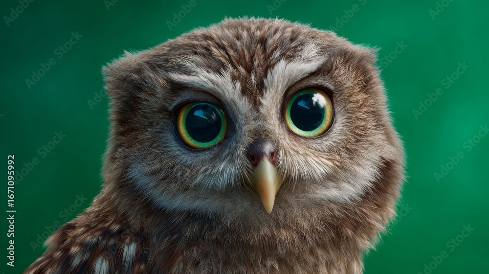Fototapeta premium Wise Owl Gazing: A captivating close-up captures the watchful gaze of an owl, its large, intelligent eyes fixed on the viewer, offering a glimpse into the serenity of nature.