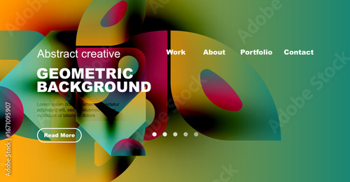 Vibrant abstract design. Geometric shapes blend with colorful gradients. Website header includes navigation options, text, button.