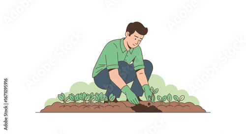 Gardener Planting Seedlings in Soil, Illustrating Agricultural Cultivation and Horticulture