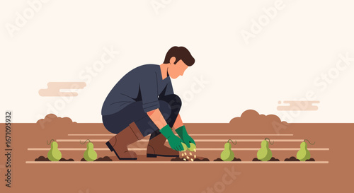 Gardener Planting Seeds in a Field Depicting Agricultural Labor and Farming Processes