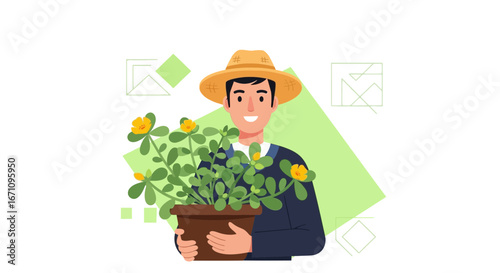 Gardener Presenting a Blooming Potted Plant with a Smile in This Floral Vector Illustration