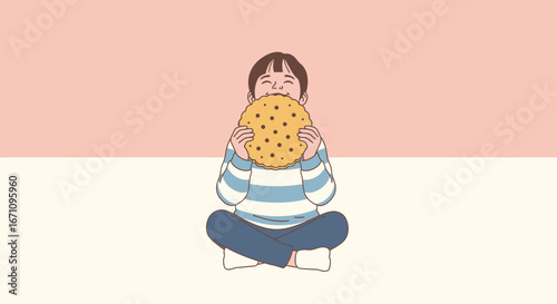 Joyful Kid Sitting And Devouring A Enormous Cookie In A Peaceful, Pastel Setting