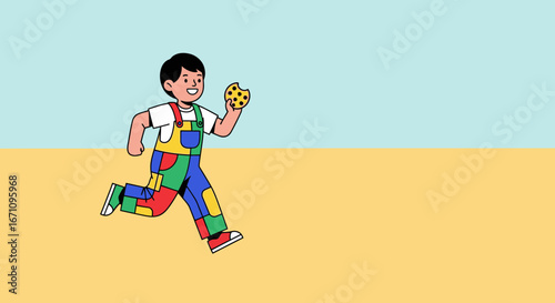 Joyful Lad Chasing After a Biscuit in Colorfully Patterned Attire Illustration