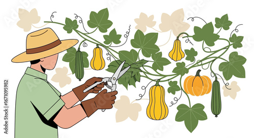 Gardener Pruning The Vine With Ripe Gourds And Vibrant Foliage in a Garden
