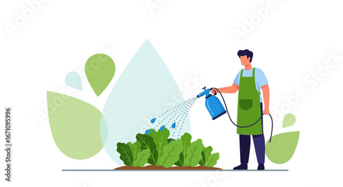 Gardener Spraying Plants, Illustration of a Scene in a Garden with Graphic Elements