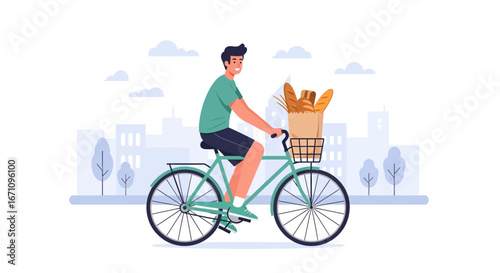 Joyful Person Cycling With Bread In Basket Through A Cityscape, Food Delivery