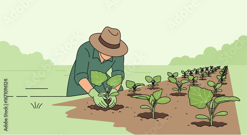 Gardening Illustration: Farmer Planting Seedlings In A Field During Sunny Weather