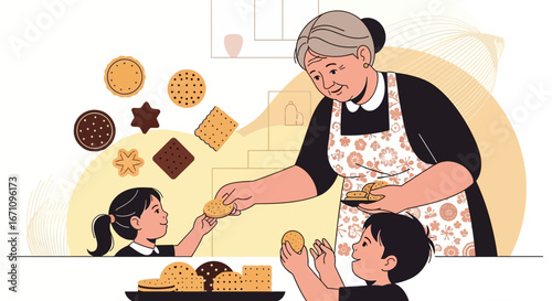 Generational Bonding: Grandmother Sharing Freshly Baked Cookies With Grandchildren Enjoying Treats