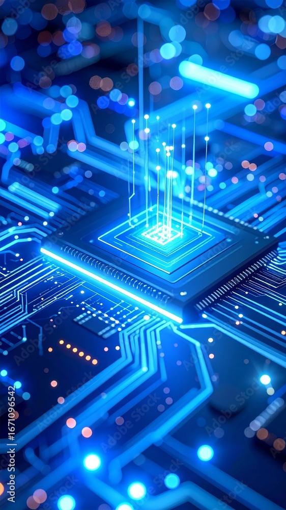 Fototapeta premium Futuristic Digital Circuit Chip with Glowing Blue Data Streams