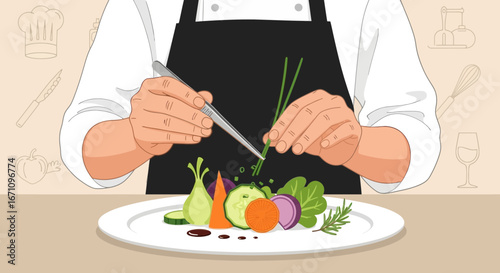 Gourmet Chef Artfully Arranges Fresh Vegetables Creating Exquisite Culinary Presentation
