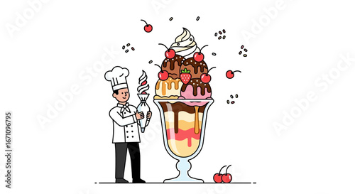 Gourmet Chef Creating Dessert, Line Art Illustration With Ice Cream And Sundae
