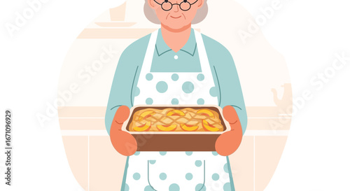 Grandmother Presenting Delicious Peach Cobbler Delightfully Baked And Freshly Made