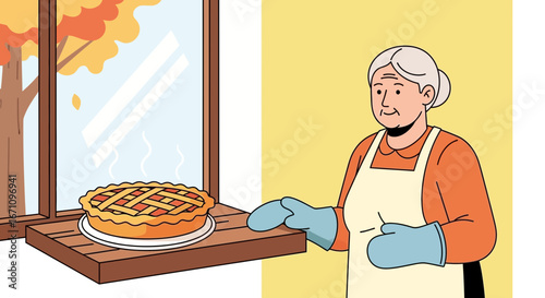Grandmother Placing Freshly Baked Apple Pie Near Window During Autumn Season