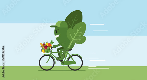 Green Character Rides Bicycle Carrying Fresh Produce, Healthy Lifestyle Concept Illustration