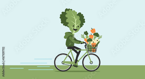 Greenery-Headed Cyclist Delivers Fresh Produce, Promoting Sustainable Living, Enjoying Journey