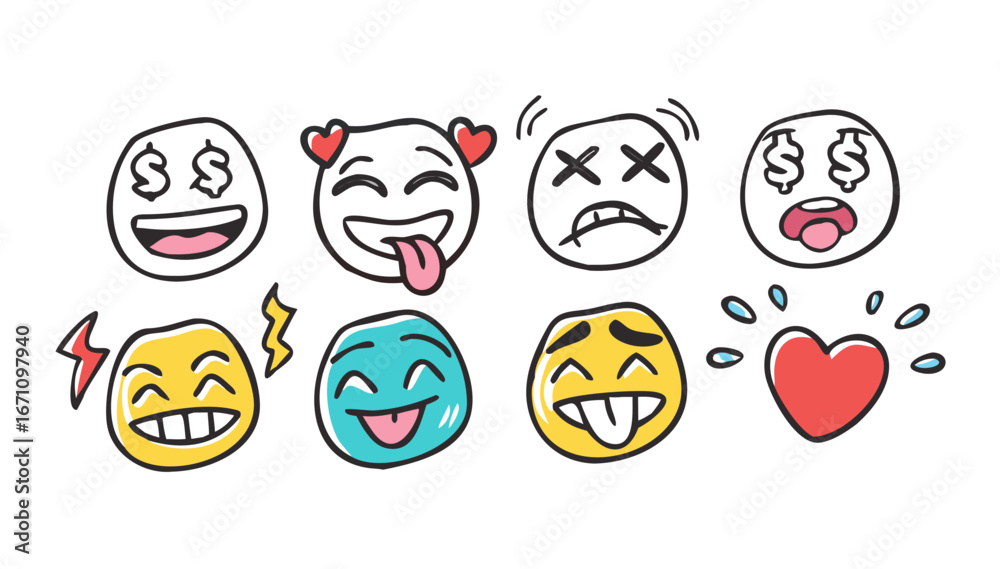 Obraz premium Playful doodle emojis with expressive faces vector