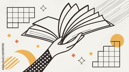 Abstract hand holding open book knowledge education reading concept illustration minimalistic design line art vector graphic.