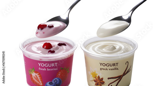 Two cups of yogurt with spoons, one berry, one vanilla