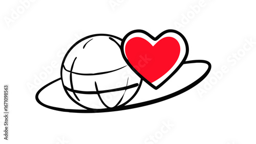 Red heart over outline globe love world