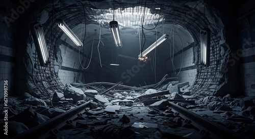 Ruined subway tunnel with hanging fluorescent lights and debris