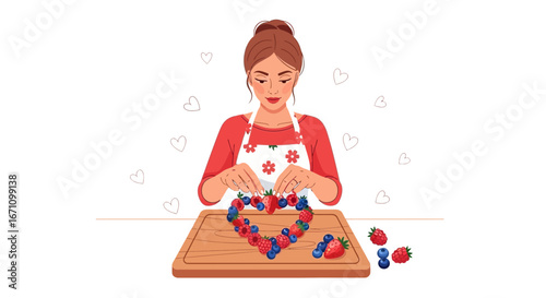 Creative Artisan Woman Assembling a Heart Shaped Fruit Display With Passionate Care