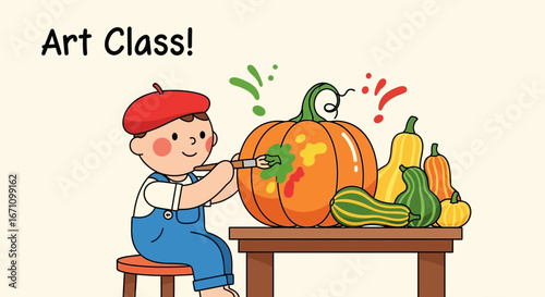 Creative Autumn Painting Session Featuring Pumpkins and Gourds with Cheerful Child Artist