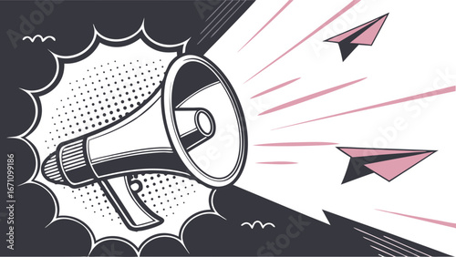 Retro Megaphone Announcement with Paper Airplanes - Pop Art Style Illustration.