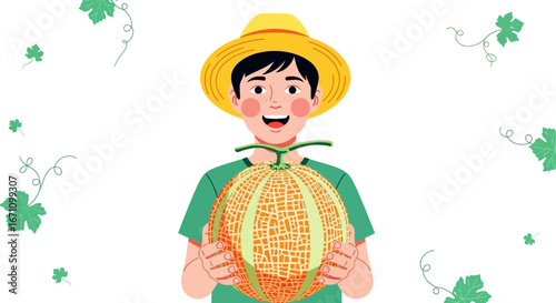Cheerful Young Person Smiling And Presenting A Large Melon Harvest Display