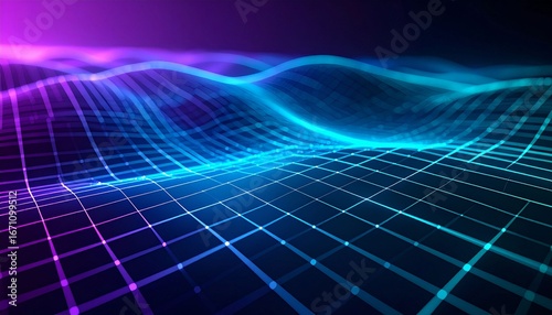 Futuristic Digital Wave Abstract Background with Neon Lights in Blue and Purple