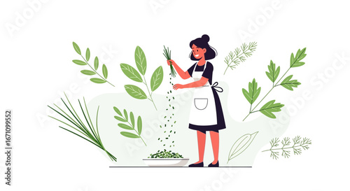 Culinary Artisan Preparing Fresh Herbs in Modern Kitchen Illustration, for Vegan Cooking and Flavor