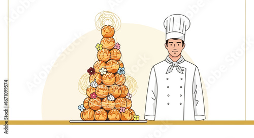 Culinary Artistry: A Chef's Presentation Of Delightful Croquembouche Creation