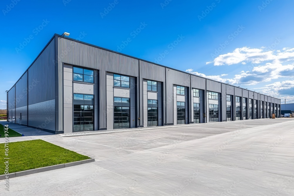 Obraz premium Expansive loading doors enhance functionality in modern warehouses.