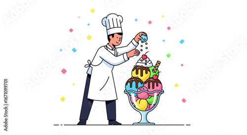 Chef Crafting Delicious Sundae with Sprinkles for Summer Fun and Sweet Delights