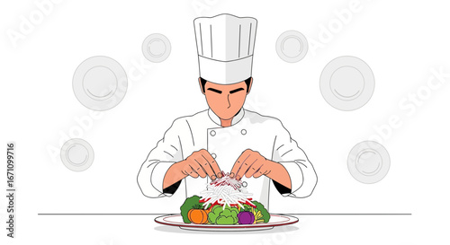 Culinary Professional Crafting Exquisite Salad Arrangement With Artistic Precision