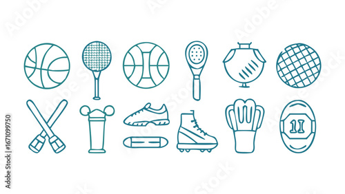 Sports equipment icons basketball tennis racket