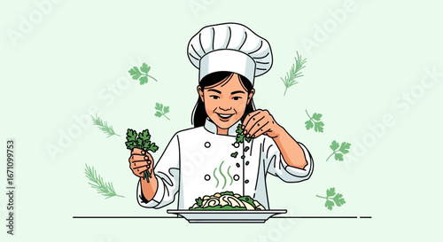 Chef Crafts Culinary Delights with Fresh Herbs, Preparing a Delicious Meal and Smiling Joyfully
