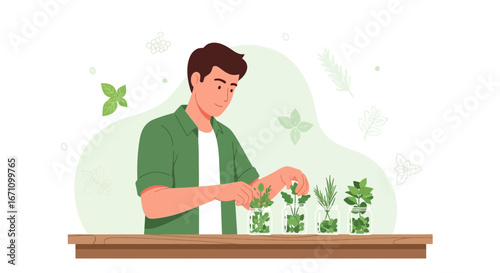 Cultivating Greenery: A Man Composes a Miniature Herb Garden with Serene Disposition