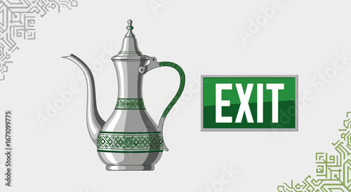 Cultural Teapot And Exit Sign: A Fusion Of Symbols In Striking Visual Composition
