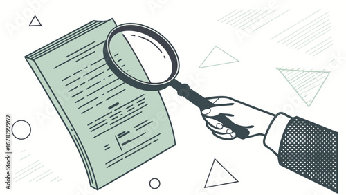 Magnifying Glass Examining Document Hand Holding Magnifier Over Paper Detail-Oriented Investigation Research Concept Illustration.