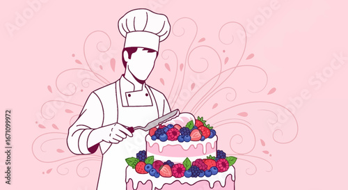 Chef Decorating Exquisite Cake With Fresh Berries On Pink Background, Illustration.