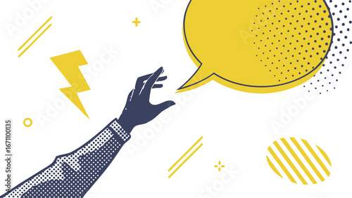 Abstract Hand Reaching for Speech Bubble Yellow and Blue Design Element Modern Illustration Graphic Design Pop Art Style.