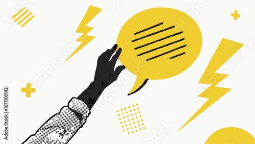 Hand interacting with a yellow speech bubble abstract design communication concept.