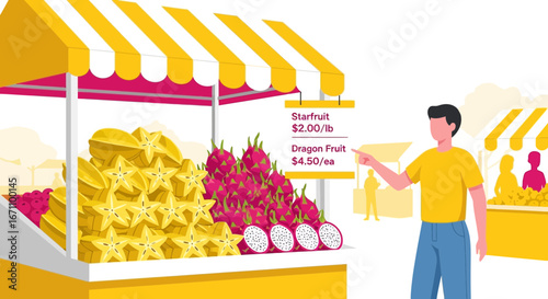 Customer Selecting Dragon Fruit And Starfruit At A Vibrant Farmers Market Stall