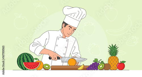 Chef Demonstrates Fruit Preparation With Fresh Ingredients Depicted in Delightful Illustration