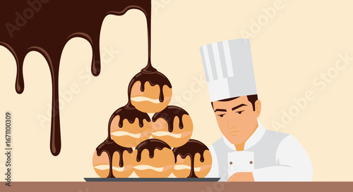 Chef Examining A Stack Of Profiteroles Drizzled With Exquisite Chocolate Sauce Artwork