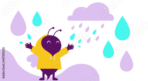 Cute Cartoon Character Joyfully Embracing Rainfall in Cheerful Weather Conditions