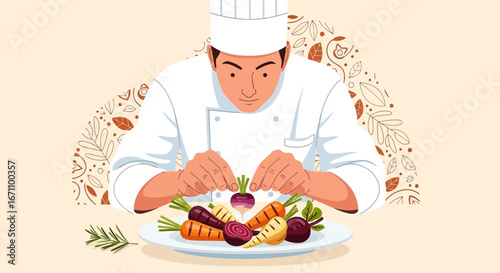 Chef Expertly Arranging Culinary Artistry with Freshly Prepared Colorful Vegetables Plate