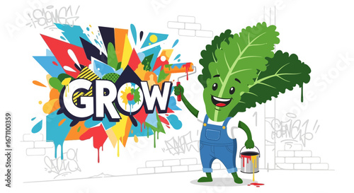 Cute Cartoon Character Paints Colorful Graffiti Mural Representing Growth and Creativity