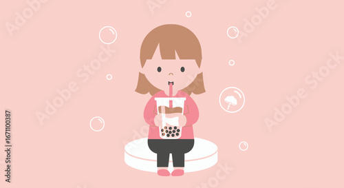 Cute Cartoon Girl Relishing a Refreshing Brown Bubble Tea Drink on a Pink Background