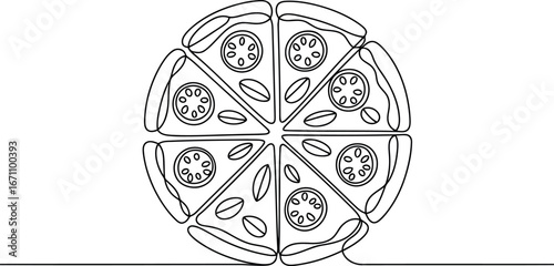a circular arrangement of pizza slices, drawn with a single continuous line.